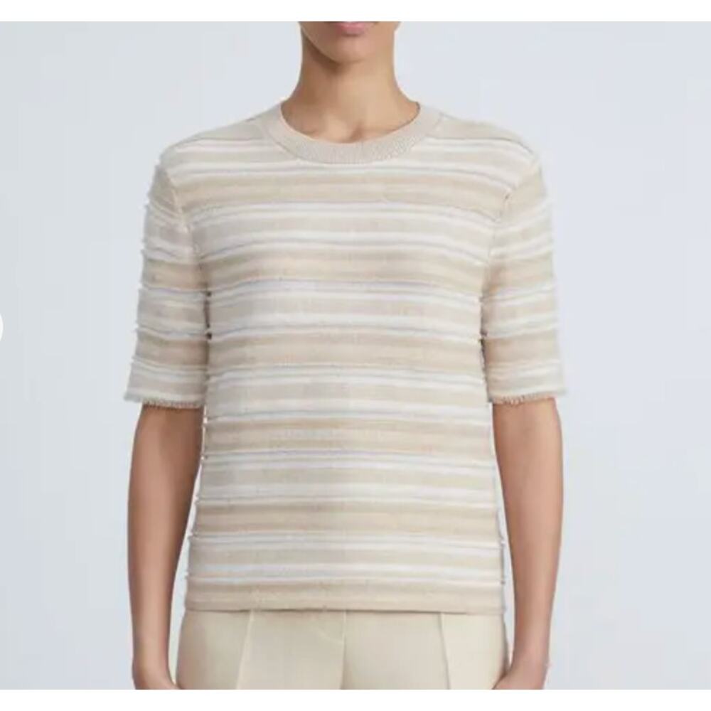 Lafayette 148 Cashmere Jacquard Fringed Short Sleeve Voile Stripe Sweater Top XS